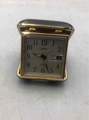 Vintage Linden Gold Brown Day And Date Mechanical Movement Travel Alarm Clock