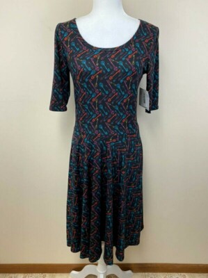 NWT Lularoe M Nicole Dress Black Skeleton Key Print Teal Red Purple Cottony