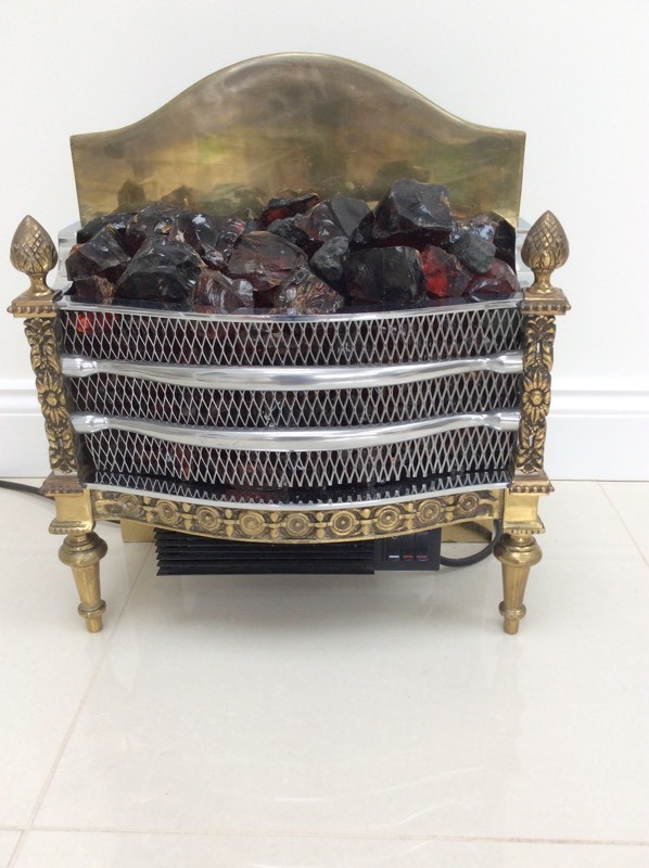 Attractive ornate brass and chrome electric fire with glass coals in