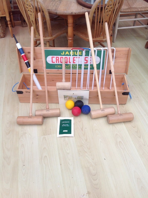 VINTAGE CROQUET SET, JAQUES OF LONDON, FULL SIZE, ORIGINAL BOX in