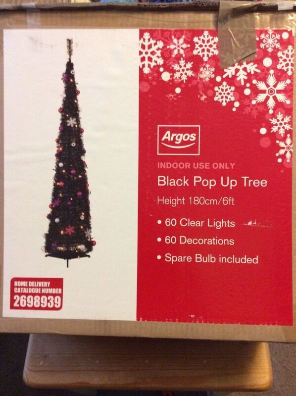 Black pop up Christmas  tree with decorations  lights in 