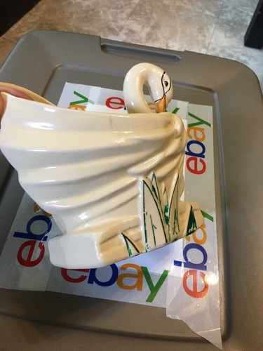 McCoy Pottery 1946 White Glazed Swan Art Planter Vase with Cold Paint