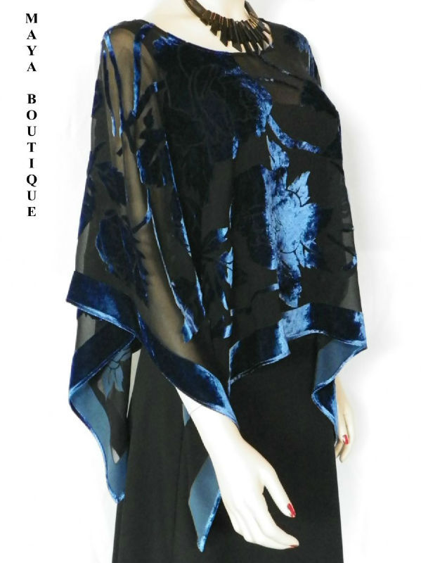 Pre-owned Maya Matazaro Silk Burnout Velvet Poncho Kimono Top Sapphire & Black No Fringe