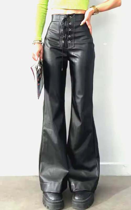 Black Bootcut Leather Pants Women Lace-Up High Waist Clubwear W/28 -W/36 Custom