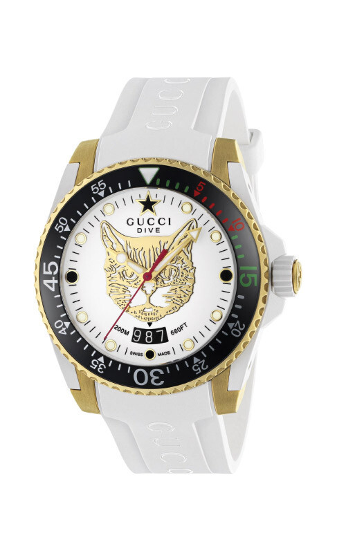 Pre-owned Gucci Dive Ladies 40mm Gold Tone Feline Watch Ya136322