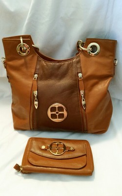 IMAN LEATHER Tan handbag satchel tote shoulder bag w matching wallet 