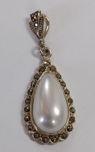 Estate Jewelry Marcasite Pearl .925 Sterling Silver Pendant 1 3/4"