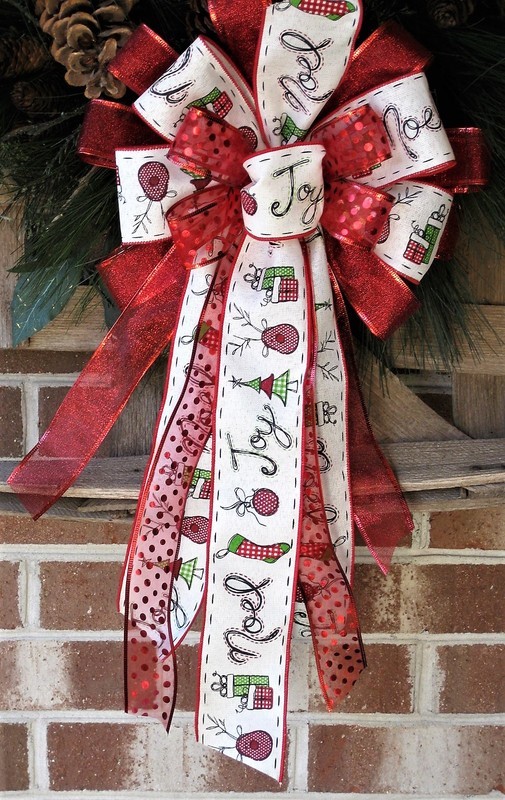 CHRISTMAS WHITE NOEL JOY REINDEER WIRED BOW WREATH SWAG GARLAND MAIL FENCE # 50