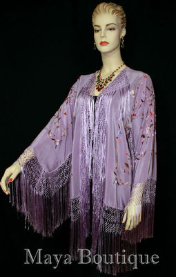 Pre-owned Maya Matazaro Embroidered Silk Fringe Jacket Kimono Lilac Multi Birds Flower Usa In Purple