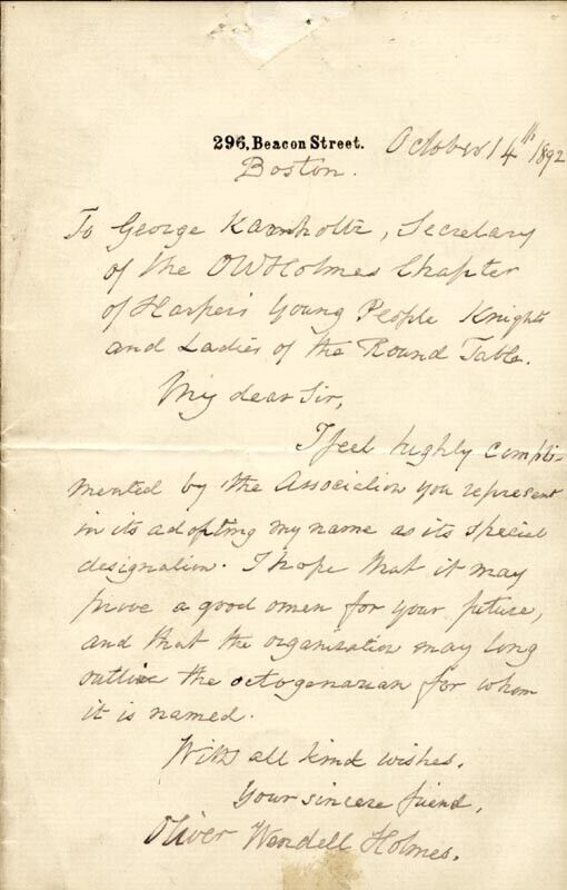 Oliver Wendell Holmes Sr. - Autograph Letter Signed 10/14/1892