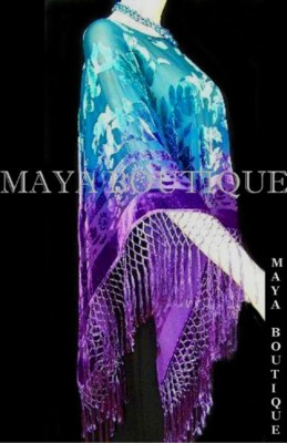 Pre-owned Aqua Blues Purple Aqua Hand Dyed Poncho Shawl Top Silk Velvet Wearable Art Maya Matazaro