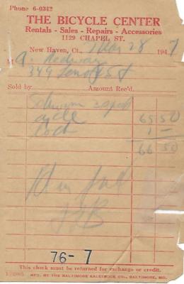 1947 THE BICYCLE CENTER RECEIPT FOR SCHWINN BIKE 1129 CHAPEL ST, NEW HAVEN, CONN