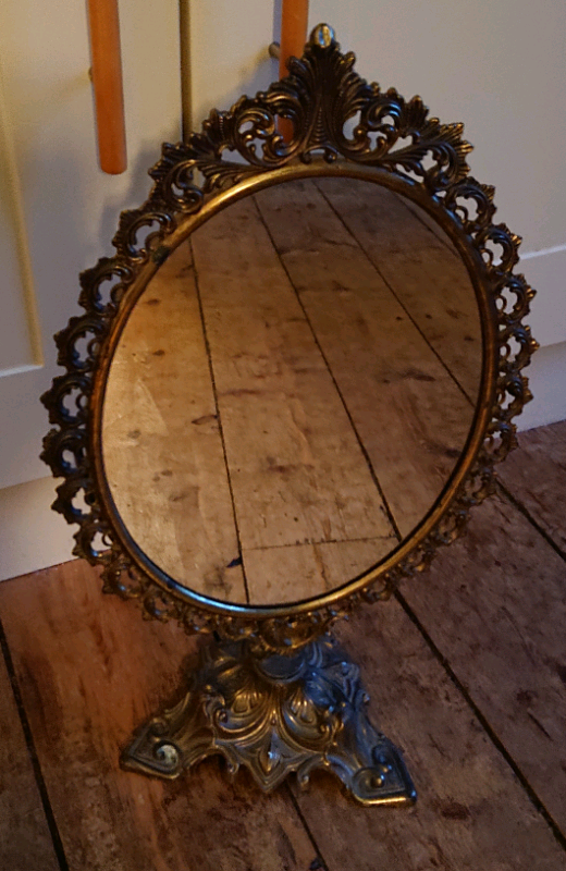 Freestanding Vintage Brass Mirror. Antique oval, vanity dressing table