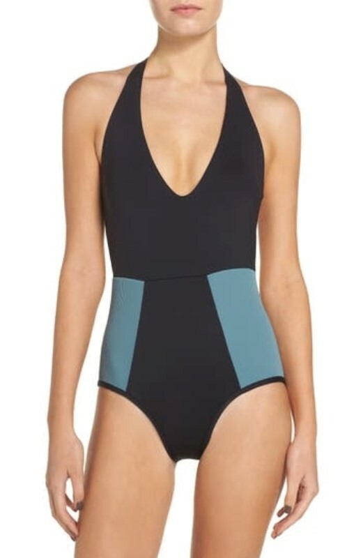 LSpace 262907 Women's Color Block Fireside Halter Plunge One Piece Black Size 8