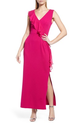 Connected Women's Petite V-Neck Ruffled Gown (Fuchsia, 4P)