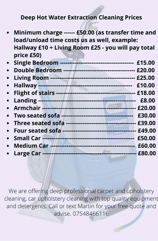 Prices from *£15 per room. Professional carpet cleaning End of tenancy