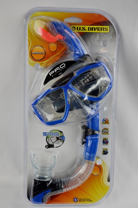 US Divers Adult Swim Snorkeling Set Travel Ready Snorkel Mark Blue Trim One Size