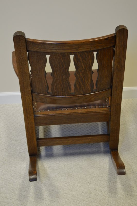 Vintage Oak Rocker Mission Arts & Craft Leather Rocking Chair