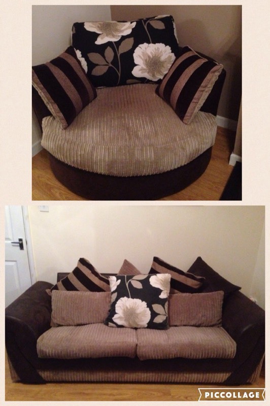 Suede Effect brown cream cord, cushion back 3 seater sofa & cuddle