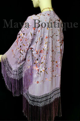 Pre-owned Maya Matazaro Embroidered Silk Fringe Jacket Kimono Lilac Multi Birds Flower Usa In Purple