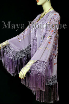 Pre-owned Maya Matazaro Embroidered Silk Fringe Jacket Kimono Lilac Multi Birds Flower Usa In Purple