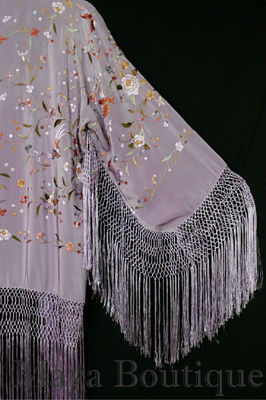 Pre-owned Maya Matazaro Embroidered Silk Fringe Jacket Kimono Lilac Multi Birds Flower Usa In Purple