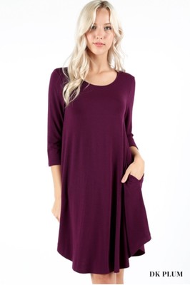 NEW Plus Size 3/4 Sleeve A-Line Swing Dress w/ Side Pockets- L/XL/1X-2X-3X