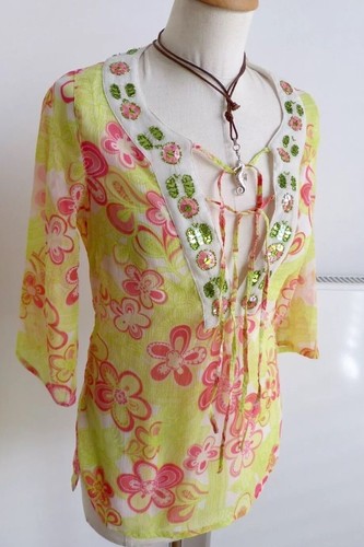 Tunika Bluse HM NEU s 34 Gelb Boho Pailletten coachella rose Kimono ibiza weiß