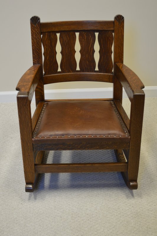 Vintage Oak Rocker Mission Arts & Craft Leather Rocking Chair