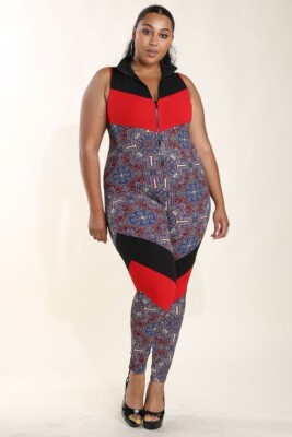 Plus Size Wholesale Sleeveless Red Black Blue Abstract Print Jumpsuit 1X 2X