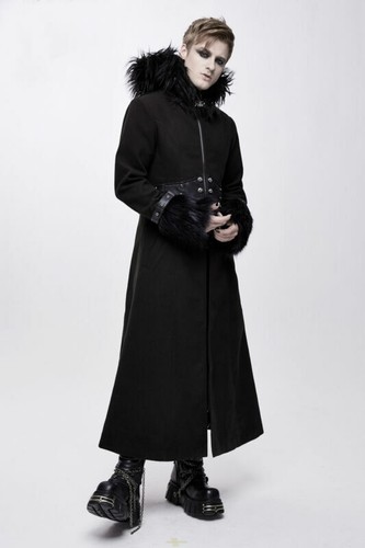 DEVIL FASHION DEVIL FASHION MEN GOTHIC STEAMPUNK HOODED LONG COATS WITH REMOVABLE FUR COLLAR