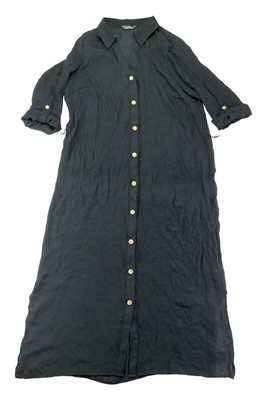Mlle Gabrielle Women's Button Down Roll Tab Sleeve Shirtdress (Black, Large)