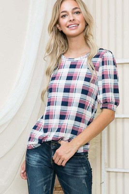 Orange Farm Clothing Plaid Puff Sleeve Jersey Top
