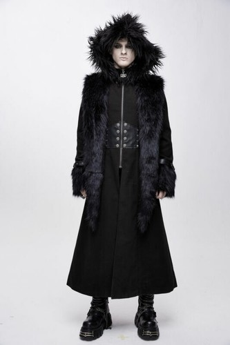DEVIL FASHION DEVIL FASHION MEN GOTHIC STEAMPUNK HOODED LONG COATS WITH REMOVABLE FUR COLLAR