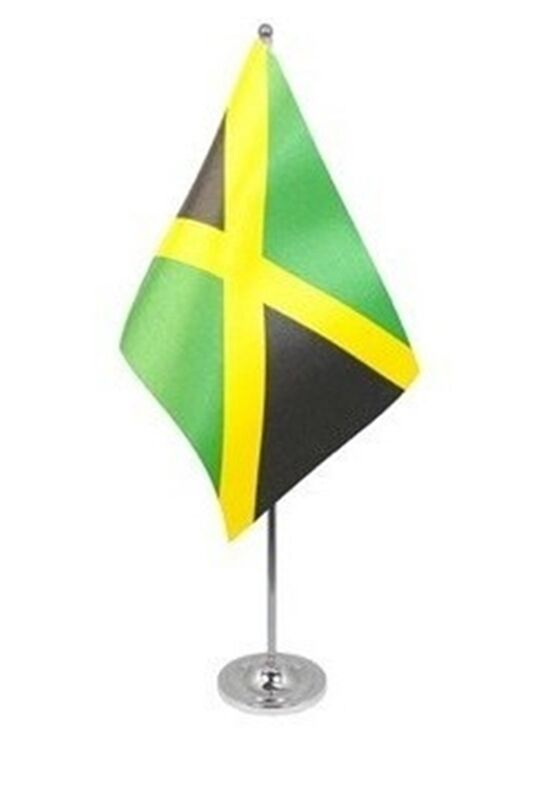 JAMAICA DELUXE SATIN TABLE FLAG 9"X6" CHROME Stands 15" JAMAICAN CARIBBEAN