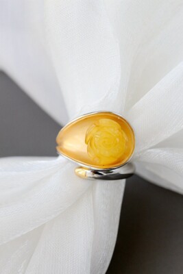 D10 Ring Rose aus gelbem Bernstein auf Blatt 925 Sterlingsilber 