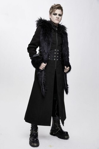 DEVIL FASHION DEVIL FASHION MEN GOTHIC STEAMPUNK HOODED LONG COATS WITH REMOVABLE FUR COLLAR