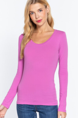 Women's Basic T-Shirt Scoop Neck Cotton Long Sleeve Solid Knit Plain Top Fitted