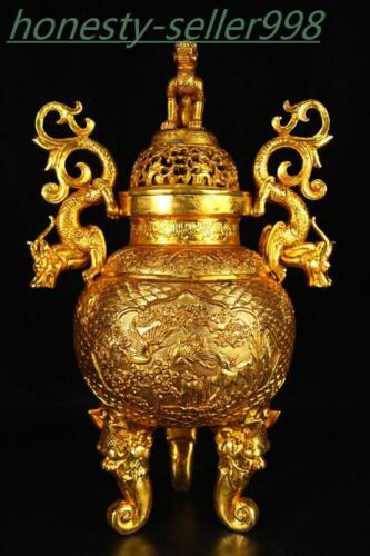 14.4" China Ancient bronze 24k gold Gilt dragon Crane pine statue incense burner