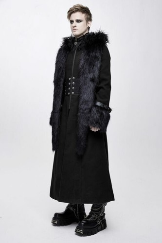 DEVIL FASHION DEVIL FASHION MEN GOTHIC STEAMPUNK HOODED LONG COATS WITH REMOVABLE FUR COLLAR