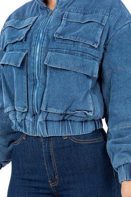 SEXY FASHION DENIM PUFFER JACKET | Multi-Pocketed Round Neck Zip Up Jacket