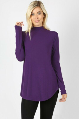 Zenana Womens Long Sleeve Dolphin Hem Mock Neck Top
