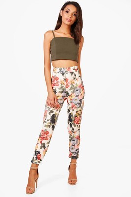 Boohoo Womens Tansie Floral Stretch Skinny Trousers