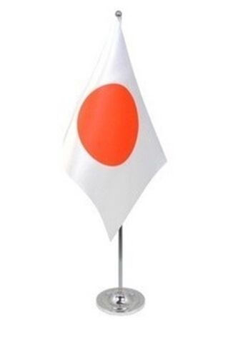 JAPAN DELUXE SATIN TABLE FLAG 9"X6" CHROME POLE & BASE Stands 15" JAPANESE