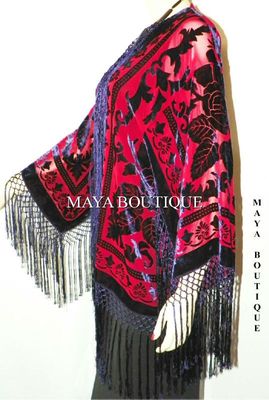 Pre-owned Maya Matazaro Burnout Velvet Silk Fringe Jacket Kimono Red & Navy