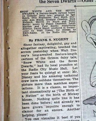 SNOW WHITE Walt Disney Opening Day REVIEW w/ Dopey Illustration 1941 Newspaper