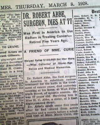ROBERT ABBE Surgeon Pioneer Radiologist Bar Harbor Maine DEATH 1928 Newspaper