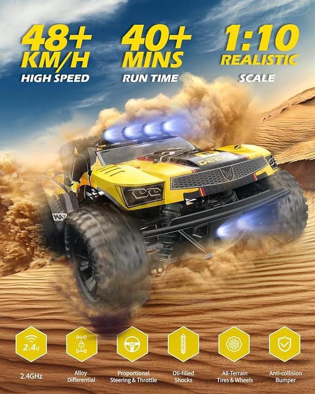 1:10 Large Remote Control Truck with Lights,Fast Short Course RC Car,48 km/h
