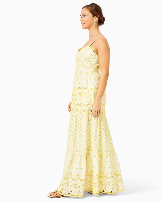 Pre-owned Lilly Pulitzer $298  Kyla Maxi Dress St Tropez Yellow Garden Gate Eyelet 2 In Yellow White