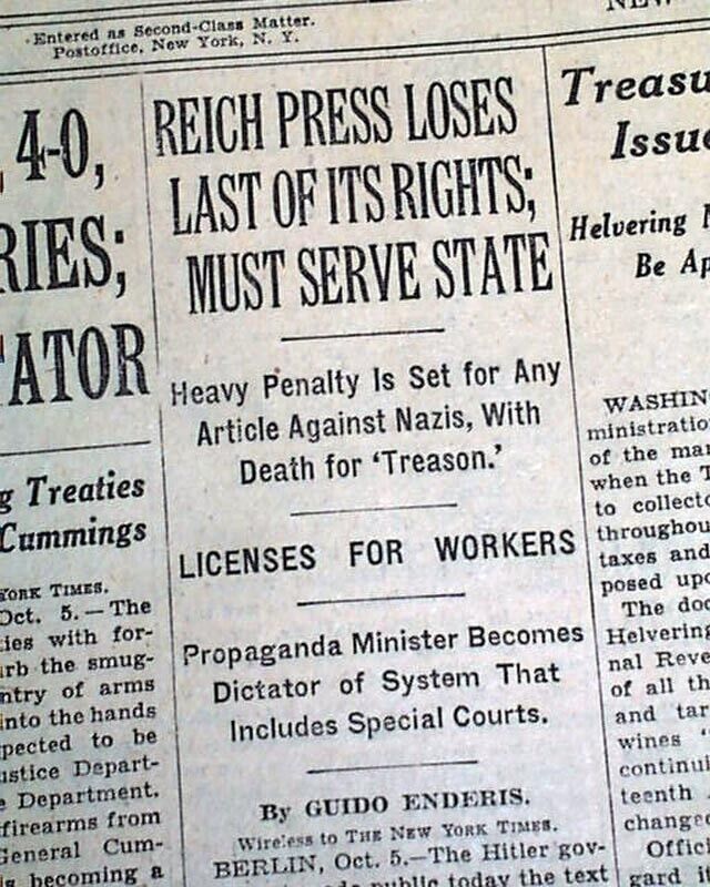 Editors Law Nazis Germany Freedom of Press Jews Jewish Censorship 1933 Newspaper